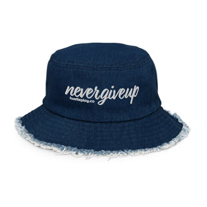 nevergiveup™ Branded Distressed Denim Bucket Hat - Embroidered White Thread