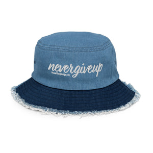 nevergiveup™ Branded Distressed Denim Bucket Hat - Embroidered White Thread