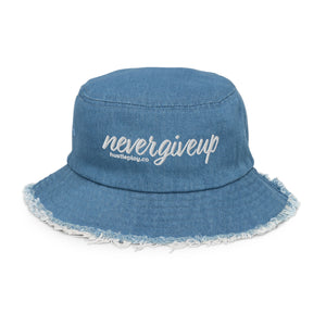 nevergiveup™ Branded Distressed Denim Bucket Hat - Embroidered White Thread