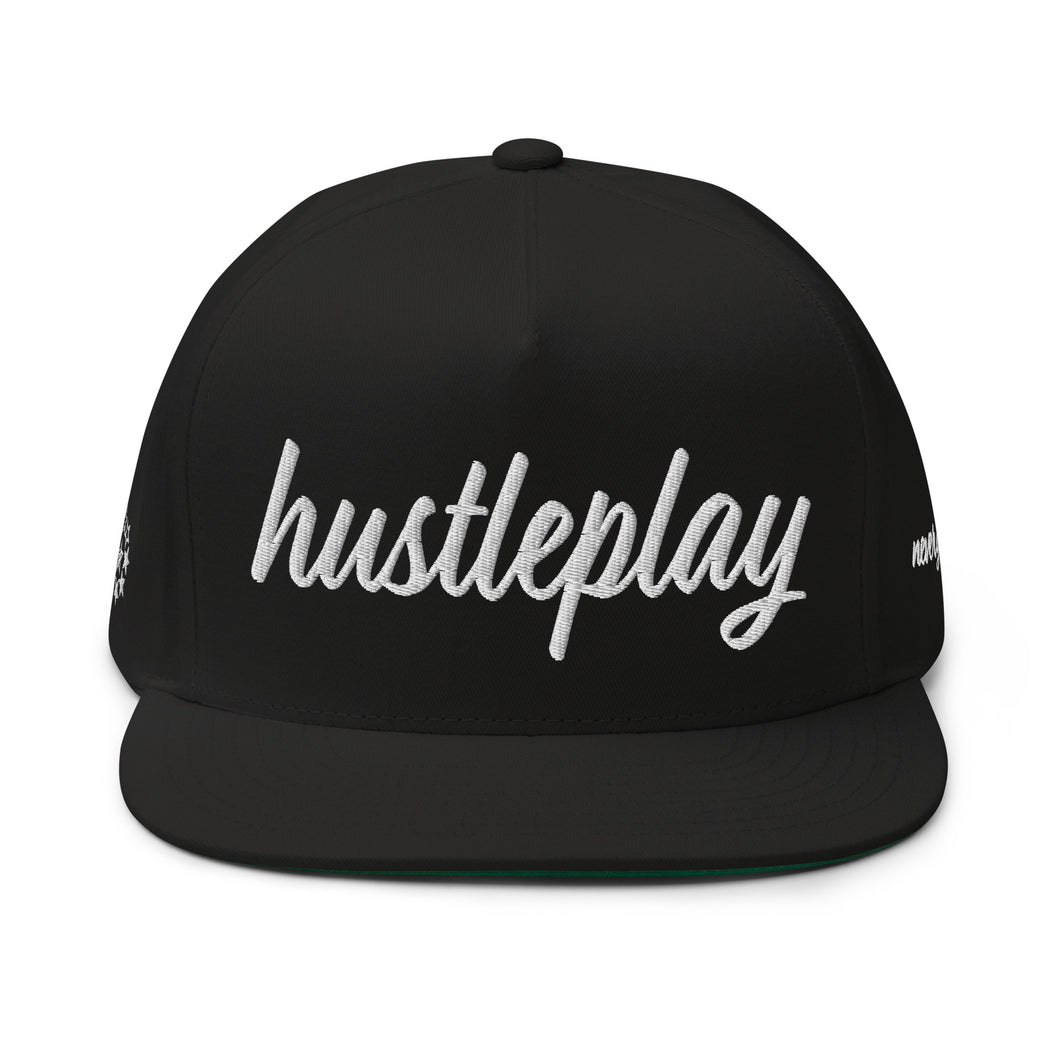 hustleplay.co Brand Flat Bill Snapback Hat - Embroidered White Thread - Tapered Crown