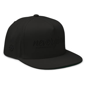 nevergiveup™ Branded Flat Bill Snapback Hat - Embroidered Black Thread - Tapered Crown