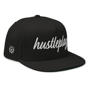 hustleplay.co Brand Flat Bill Snapback Hat - Embroidered White Thread - Tapered Crown