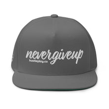 Load image into Gallery viewer, nevergiveup™ Branded Flat Bill Snapback Hat - Embroidered White Thread - Tapered Crown
