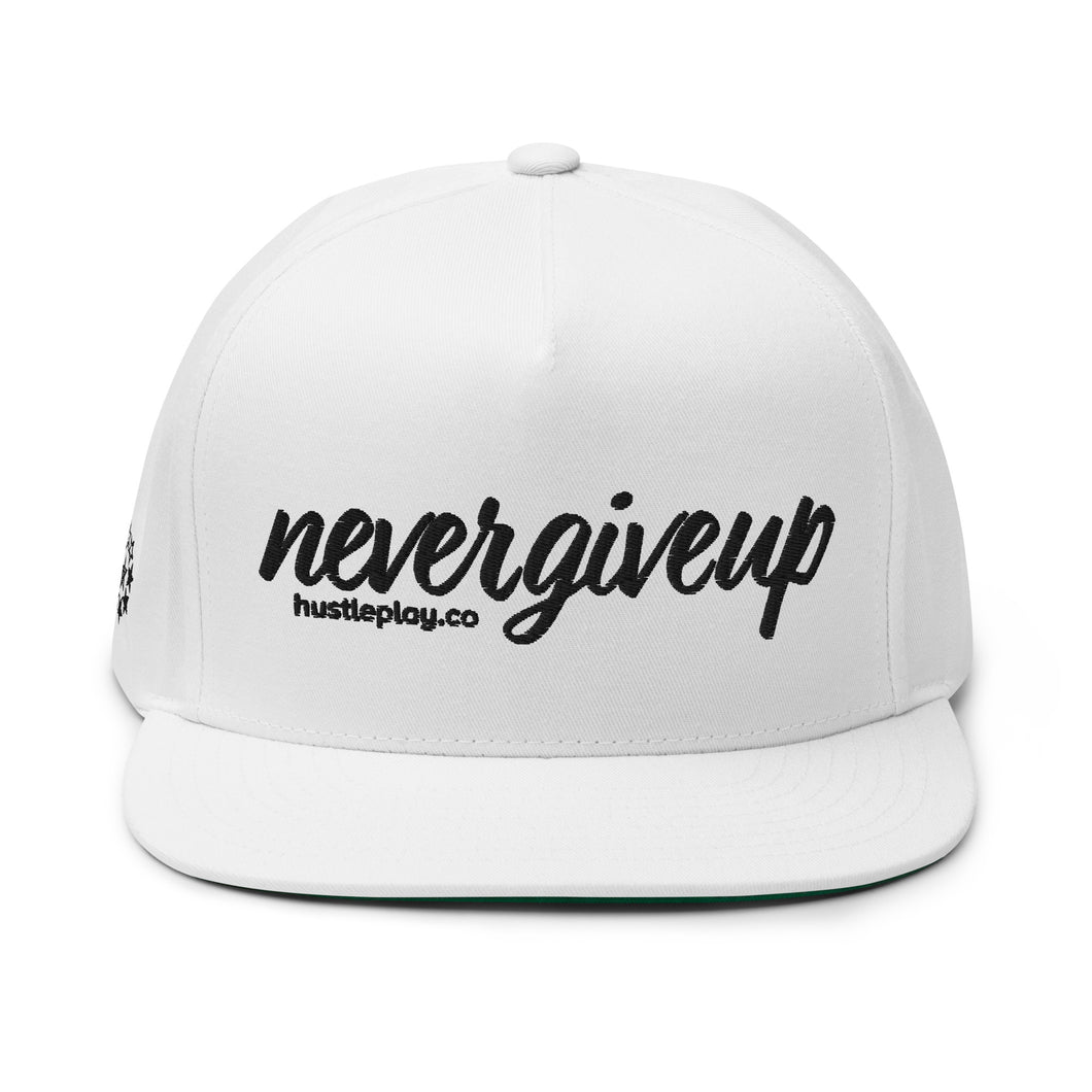 nevergiveup™ Branded Flat Bill Snapback Hat - Embroidered Black Thread - Tapered Crown